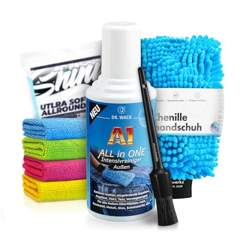Lackreiniger Shampoo Set: Dr. Wack A1 ALL in ONE Intensivreiniger Außen (500ml) + Waschhandschuh + Pinsel + Mikrofasertücher - Auto Außen Reinigung - Insekten, Harz, Teer, Vogelkot, | 7-teilig