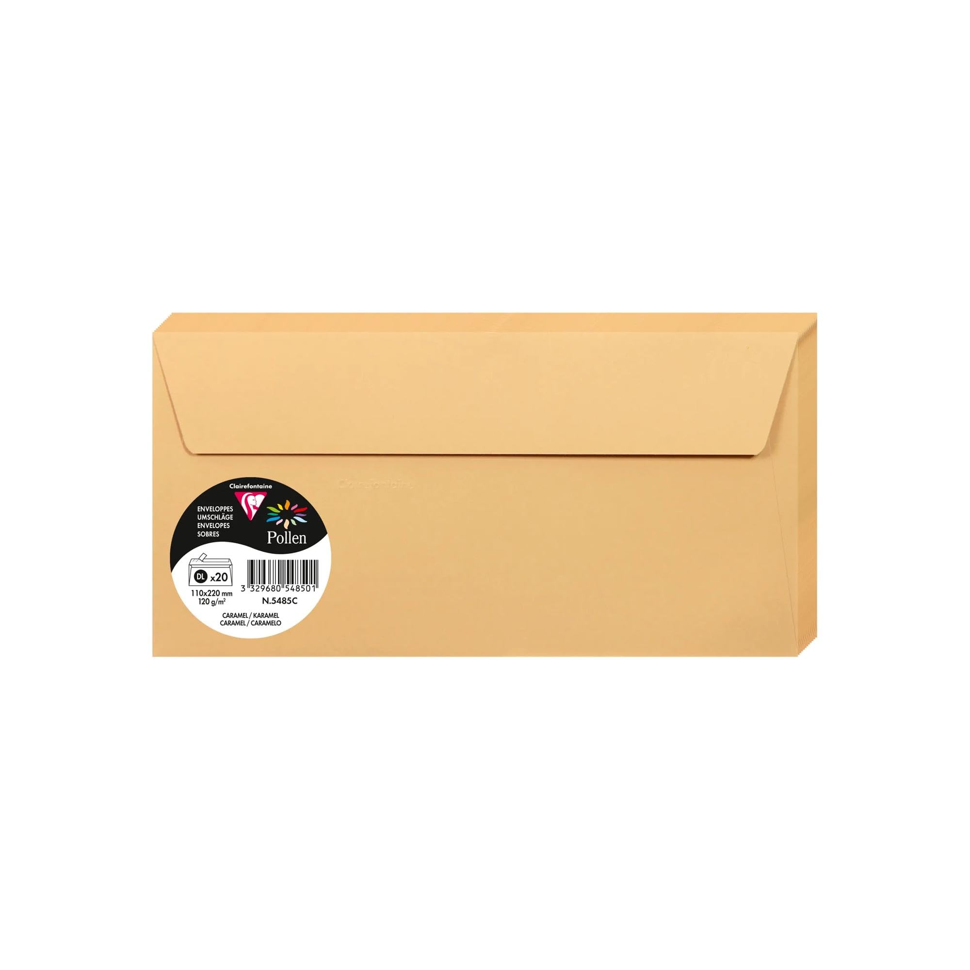 Clairefontaine 5485C Pack of 20 Self-Adhesive Envelopes Format DL 11x22cm 120gsm Colour Caramel Invitation Events Correspondence Pollen Range Premium Paper