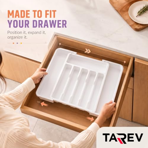 Image of Drawer Organizer Tray /Kitchen Expandable Utensil Tray /Adjustable Utensil Organizer /Cutlery Silverware Flatware Holder /Divider for Spoons Forks Knives Tableware (White, 2 Pcs)