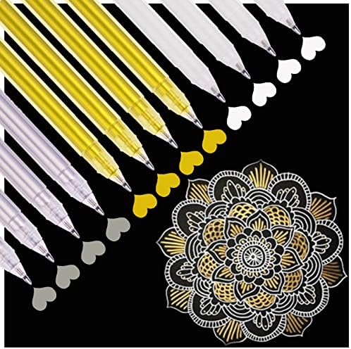 HUJUGAKO Fine Point Metallic Gel Pen, 3 Colors Gel Pen Set with Gold, Silver,White Gel Ink Pens for Artists with 0.8mm Nibs, for Black Paper Drawing,Writing, Sketching, Illustration, Pack of 12…