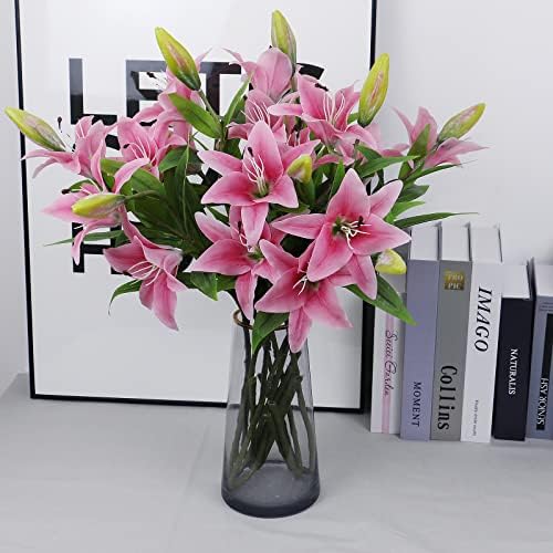 77CM LONG STEM Pink Artificial Lilies Flower Bouquet, Fake Tiger Lily, Home Office Garden Wedding Party Decoration, WITHOUT VASE