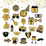 25 Pcs Happy New Year Photo Booth Props 2026 Eve Party Supplies Holiday Celebrations Black Gold Funny Table Decorations Accessories