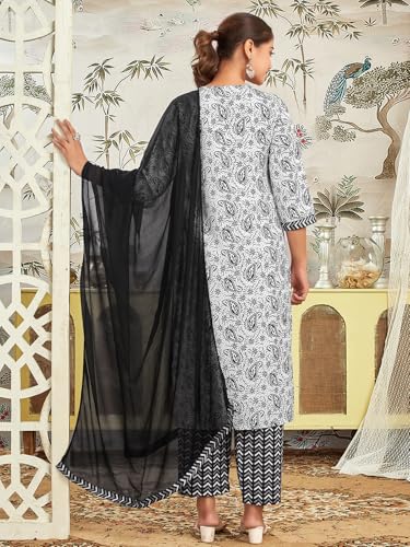 Sanisa Women's Rayon Blend Printed Straight Kurta With Pant And Dupatta Set (210Kbd2223N-M_White & Black & Grey)