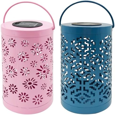 2PCS Solar Lanterns Outdoor Waterproof Hanging Solar Light Metal Tabletop Lantern with Hollowed-Out Design for Garden Yard Patio Porch Table Decor Gifts for Women, Pink+ Dark Blue