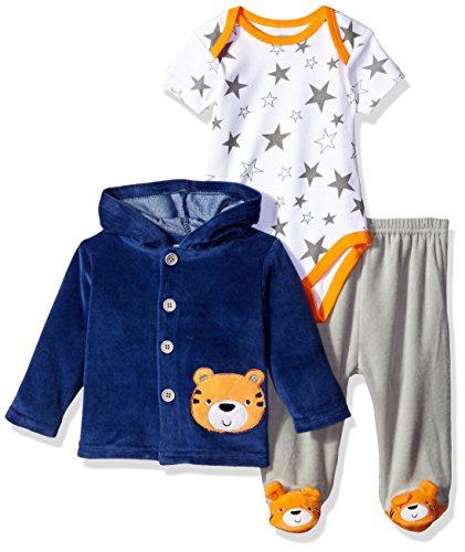 BON BEBE Baby Boys' 3 Piece Velour Jacket Set with Bodysuit and Pant, Cute Tiger Blue, 6-9 Months