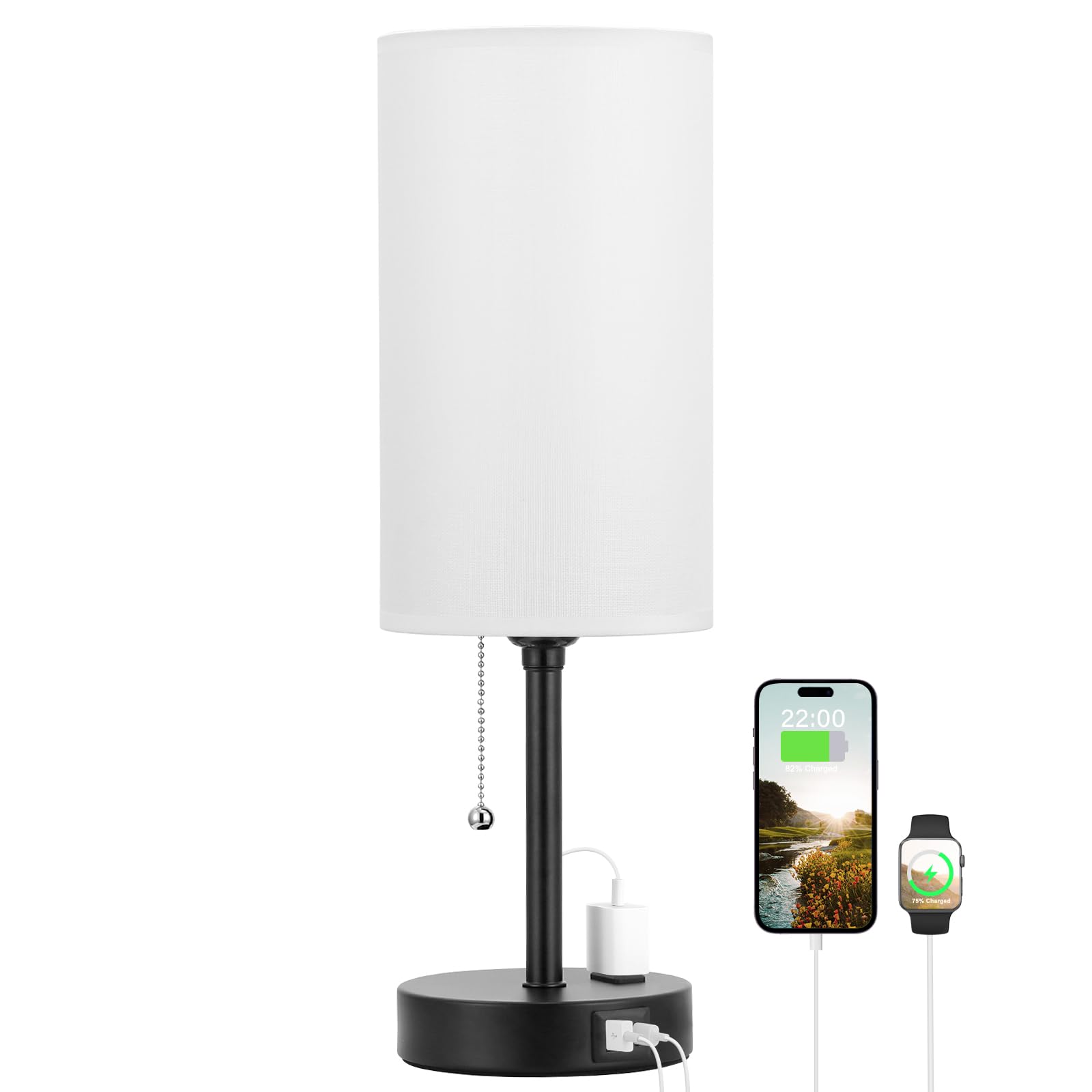 Dicoool 18Inch Tall Bedroom Lamps with USB C and A Ports 3 Color Temperatures - Pull Chain White Nightstand Bedside Table Lamp with AC Outlet, Side Lamp for Living Room End Table