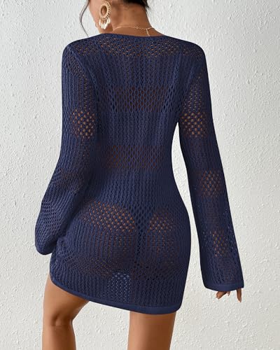 Image of Bsubseach Women Swimsuit Crochet Coverup Long Sleeve V Neck Beach Dress