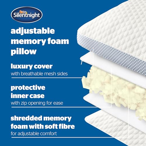 Silentnight Adjustable Memory Foam Pillow - Sink-In Luxury Shredded Filling - Ergonomic Support Help Ease Neck Pain - All Sleeping Positions - Breathable Hollowfibre Removable Cover - Hypoallergenic - 5