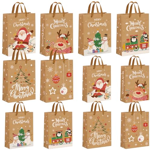WUQNGI 12 peças sacos de presente de Natal, grandes / pequenas malas de Natal Kraft, sacos de papel natural com alças, sacos de presente de Natal para presente de embrulho (32 x 25 x 11,5 cm/27 x 21 x