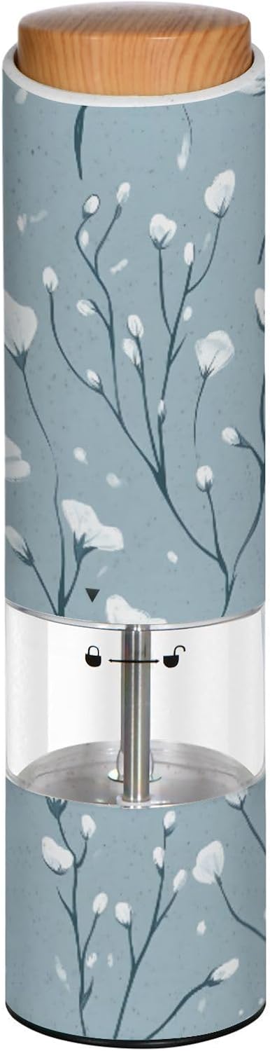 ALAZA Electric Pepper Grinder with Adjustable Coarseness, Tiny Flowers White Pattern Battery Automatic Salt and Pepper Mill with Led, One-Handed Operation Spice Grinder for Kitchen, Camping & BBQ