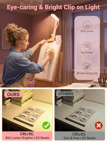 Pink Desk Lamp Cute Clip on Lamp,45 Modes Dimmable+450 Lumen Clip on Light — view 5