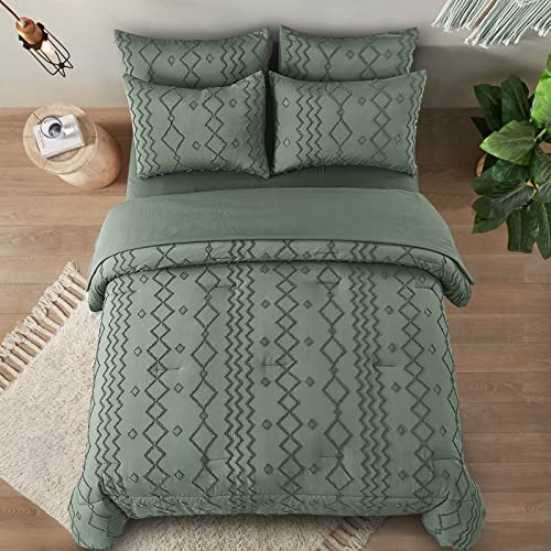 Green Tufted Comforter Set Queen With Sheets,7 Pieces Bed In A Bag Boho Comforter Shabby Chic Geometry Embroidery Bedding Set Soft Microfiber Farmhouse Comforter (Queen 90×90 Inches) #TOP9