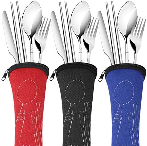 Arroyner 3 Pack Reusable Flatware Sets Knife, Fork, Spoon, Chopsticks, 12Pcs Portable Travel Stainless Steel Tableware Dinnerware with Carrying Case