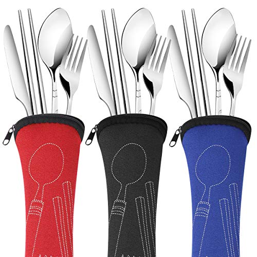 3 Pack Reusable Flatware Sets Knife, Fork, Spoon, Chopsticks, 12Pcs Portable Travel Stainless Steel Tableware Dinnerware with Carrying Case