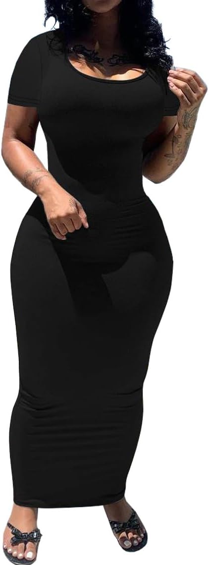 PINSV Women's Casual Bodycon Maxi Dress Summer Scoop Neck Short Sleeve Long Fitted Dresses Club Party