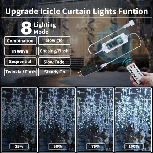 600LED Outdoor Christmas Icicle Lights - 75Ft Plug-In String with Remote, 8 Modes Cool White Waterproof Decor