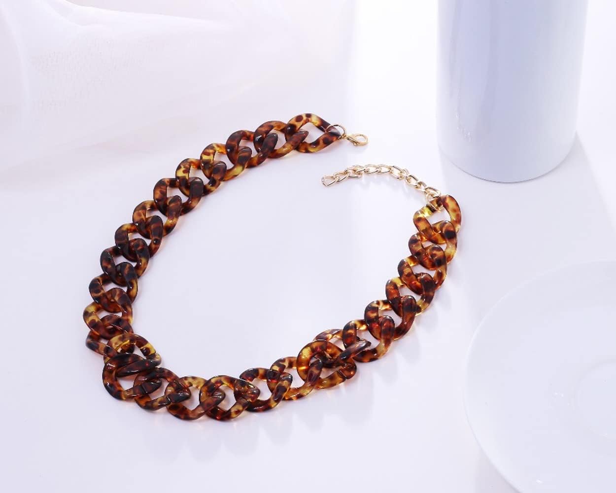 Acrylic Leopard Print Chain Necklace Acetic Acid Board Leopard Print Paperclip Link Chain Necklace Punk Statement Chunky Resin Chain Collar for Women Girl Fashion Jewelry - Image 2