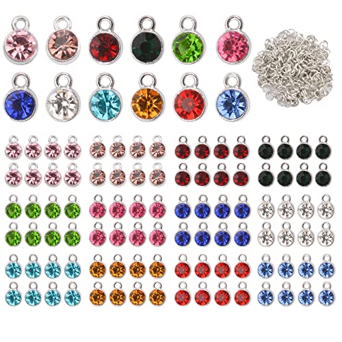 URROMA Crystal Birthstone Beads, 96 Pcs Round Crystal Charms for Jewelry Making 12 Colors, Silver With Ring, 96pcs