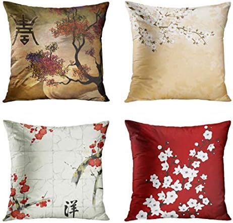 ArtSocket Set of 4 Throw Pillow Covers Japanese Tree Eastern Nature Home Flowers Cherry Blossom Beige Cream Decorative Pillow Cases Home Decor Square 18x18 Inches Pillowcases