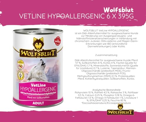 Wolfsblut Vetline Hundefutter - Hypoallergenic, 12kg + 6x395g - Sparbundel, Sparpaket - inklusive Warnicks Tierfutterservice Hundesnack Goodie
