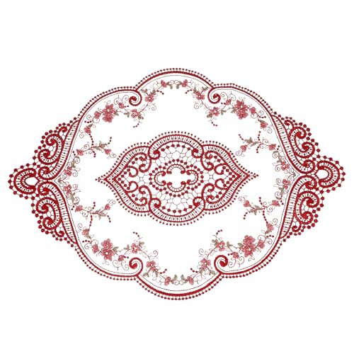 QUARKZMAN Napperon Rétro en Dentelle 12x17 Pouces Ovale Brodé Napperons De Table Dentelle Crochet Français sous-Verres sous-Tasse pour Home Wedding, Rouge