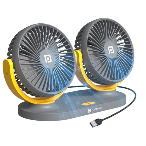 Portronics Twin Cool Dual Head Portable USB Powered Fan With 360° Rotatable Head, 3 Speed Control, Ultra Silent Operation, Brushless Motor, Suitable For 12/24V Car,SUV,Bus,Desk,Home Fan (Grey)