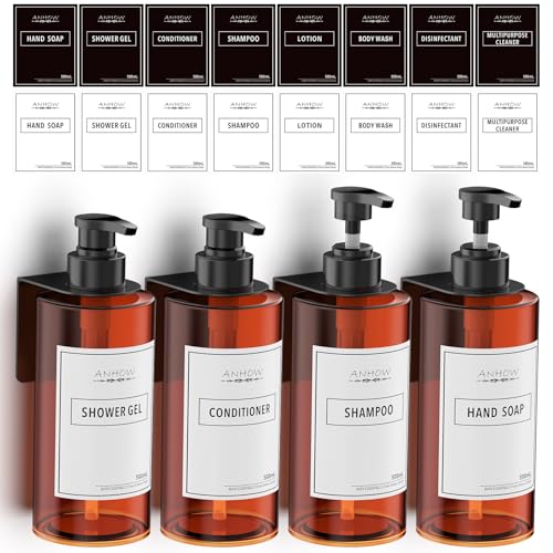 Anhow 4er 500ml Seifenspender Wandbefestigung Set, Seifenspender Wand Ohne Bohren Leere Duschgel Spender mit 16 Kategorie Etikett für Dusche/Küche/Badezimmer - Braun