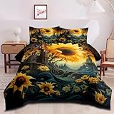 CCoutueChen Yellow Sunflower Comforter Set Queen Size 3D Abstract Floral Bedding Set Aesthetic Botanical Flowers Bedding Sets 3 Pieces Soft Lightweight Down Alternative Comforter Sets
