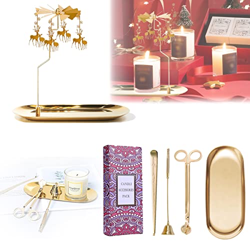 Ucinnovate Christmas Spinning Candle Holder + 4 In 1 Candle Accessory Set For Candle Lover, Romantic Wedding, Christmas Party, Fireplace Decor, Home Table Decorations, Holiday Favor Gift(Golden) #TOP26