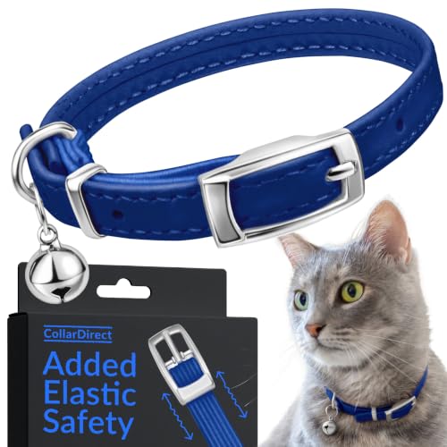 Soft Leather Cat Collar with Safety Elastic Strap - Navy Blue