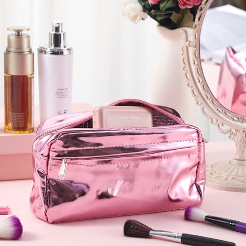 Pink Insulated Makeup Bag for Car Cosmetic Bag for Women PU Portable Zippered Makeup Pouch Travel Skincare Organizer Shields Cosmetics from Melting Freezing Party Gift for Girls, 7.9''x4.7''4
