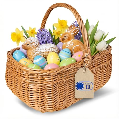 Creative Home Einkaufskorb Weidenkorb mit Henkel Picknickkorb | 36 x 27 x 32 cm (+/- 2 cm) | Handgeflochten | Naturbraun | Universell und Langlebig Groß Osterkörbchen Geflochten