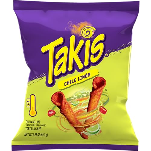 Takis Chile Limon - Chili & Lime Flavored Mild Spicy Rolled Tortilla Chips Snack Size Bag