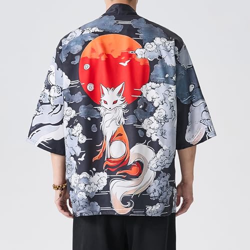 Image of Men's Japanese Kimono Robe Jacket Lightweight 3 /4 Sleeve Open Front Yukata | Silky Smooth Fashion Print Happi Coat Lightweight Breathable Loose Unisex Haori Casual Summer Cardigan Daily Beach Vacation