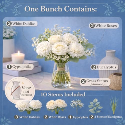 Image of Premium Artificial Flower Bunch - Mum, Rose & Lotus with White Baby Breath | Realistic Fabric Petals | Artificial Flowers for Vase | Home Decoration Items for Living Room & Bedroom | White
