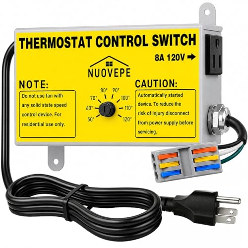 NUOVEPE Attic Fan Thermostat Control with Socket & Wire Connector Adjustable Plug-in Thermostat with Overload Protection Dual-Fan Compatible Controller for Greenhouse Workshop Garage Vent Fan
