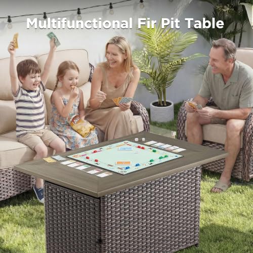 Luxury Patio Furniture Set with Fire Pit Table-4 Pieces High Back Wicker Swivel Rocker Chairs with 6" Extra Thick Cushions, Outdoor Patio Conversation Sets for Porch Deck Backyard(Brown/Beige) - Image 4
