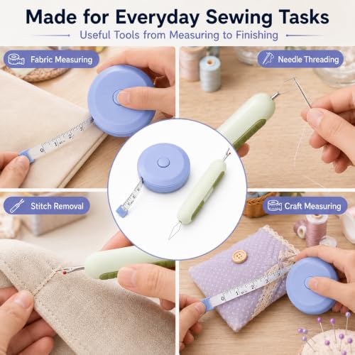 Image of Woffely Sewing Accessories Combo Kit, 2-in-1 Needle Threader Tool with Round Retractable Measuring Tape, Soft Flexible Tape Measure for Tailoring, Fabric, Embroidery, Clothing Repair & DIY Crafts