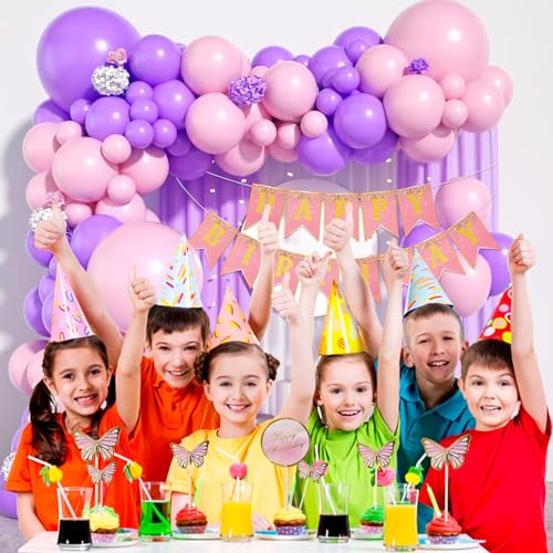 Image of Rozi Decoration Butterfly Birthday Decoration Items for Girls Birthday Parties Decor, Butterfly Theme Birthday Decoration Items for Girls 1st Birthday, Girls Birthday Decoration Items Pack of 54 Pcs