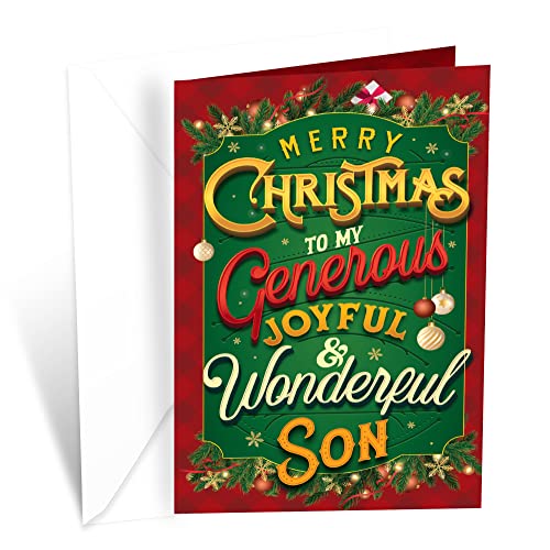 Prime Greetings Christmas Card For Son, Made in America, Eco-Friendly, Thick Card Stock with Premium Envelope 5in x 7.75in, Packaged in Protective Mailer