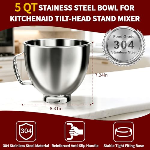 5QT Mixing Bowl for KitchenAid Stand Mixers, Compatible with Kitchen Aid 4.5-5 Qt Tilt-Head Stand Mixer, Food-Grade Stainless Steel Mixing Bowl with Handle & Clasp for Baking, Cooking & Dough Mixing - image 4