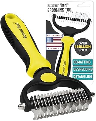 Maxpower Planet Pet Grooming Brush - Double Sided Shedding, Dematting Undercoat Rake for Dogs and Cats - Extra Wide Dog Grooming Brush - Yellow