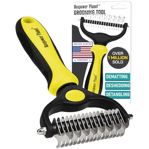 Maxpower Planet Pet Grooming Brush - Double Sided Shedding, Dematting Undercoat Rake for Dogs and Cats - Extra Wide Dog Grooming Brush - Yellow