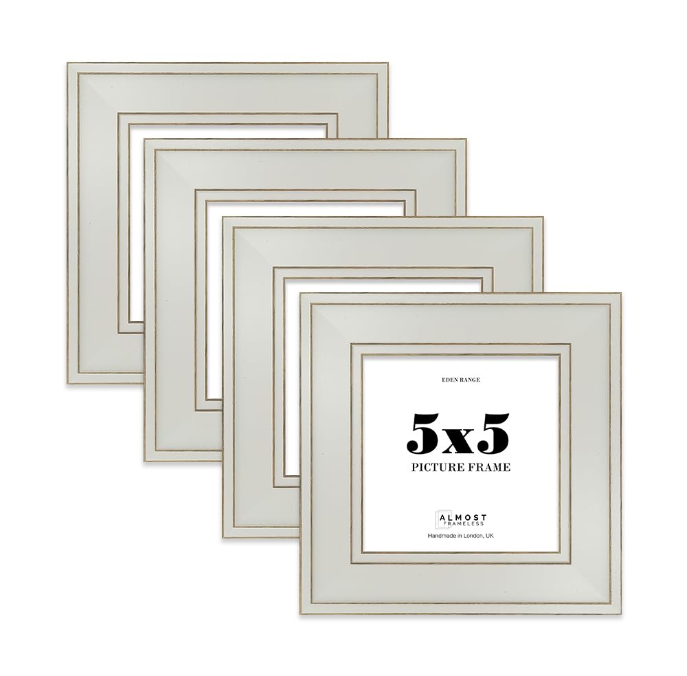 5x5 Light Grey Picture Frame - Shabby Chic Photo Frame with Distressed Finish, Gold Trim, Wall Hooks and Kickstand, 37mm Edge - 4 Pack