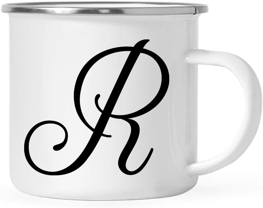 Andaz Press Stainless Steel 11oz. Campfire Coffee Mug Gift, Elegant Black Monogram Initial Letter R, 1-Pack, Christmas Letter Birthday Camping Camp Cup, Includes Gift Box