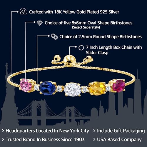 Gem Stone King 18K Yellow Gold Plated Silver Tennis Bracelet For Women | Customized and Personalized 8X6MM Oval 5-Stone Gemstone Birthstone Adjustable Bolo Bracelet For Women | Easy-On Easy-Off2