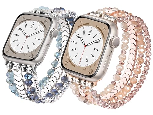 MOFREE 2 Pack Beaded Bracelet Compatible for Apple Watch Band 38mm 40mm 41mm 42mm 44mm 45mm Women,Fashion Handmade Elastic Stretch Strap for Apple iWatch Series SE 9 8 7 6 5 4 3 2 1