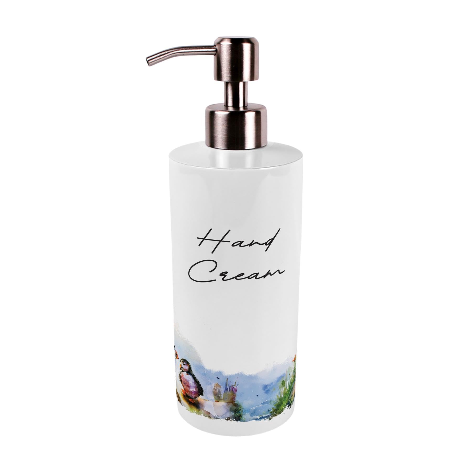 B&Q -  Coastal Puffins Stainless Steel Hand Cream Dispenser - Pump Action Refillable Bathroom & Kitchen Décor