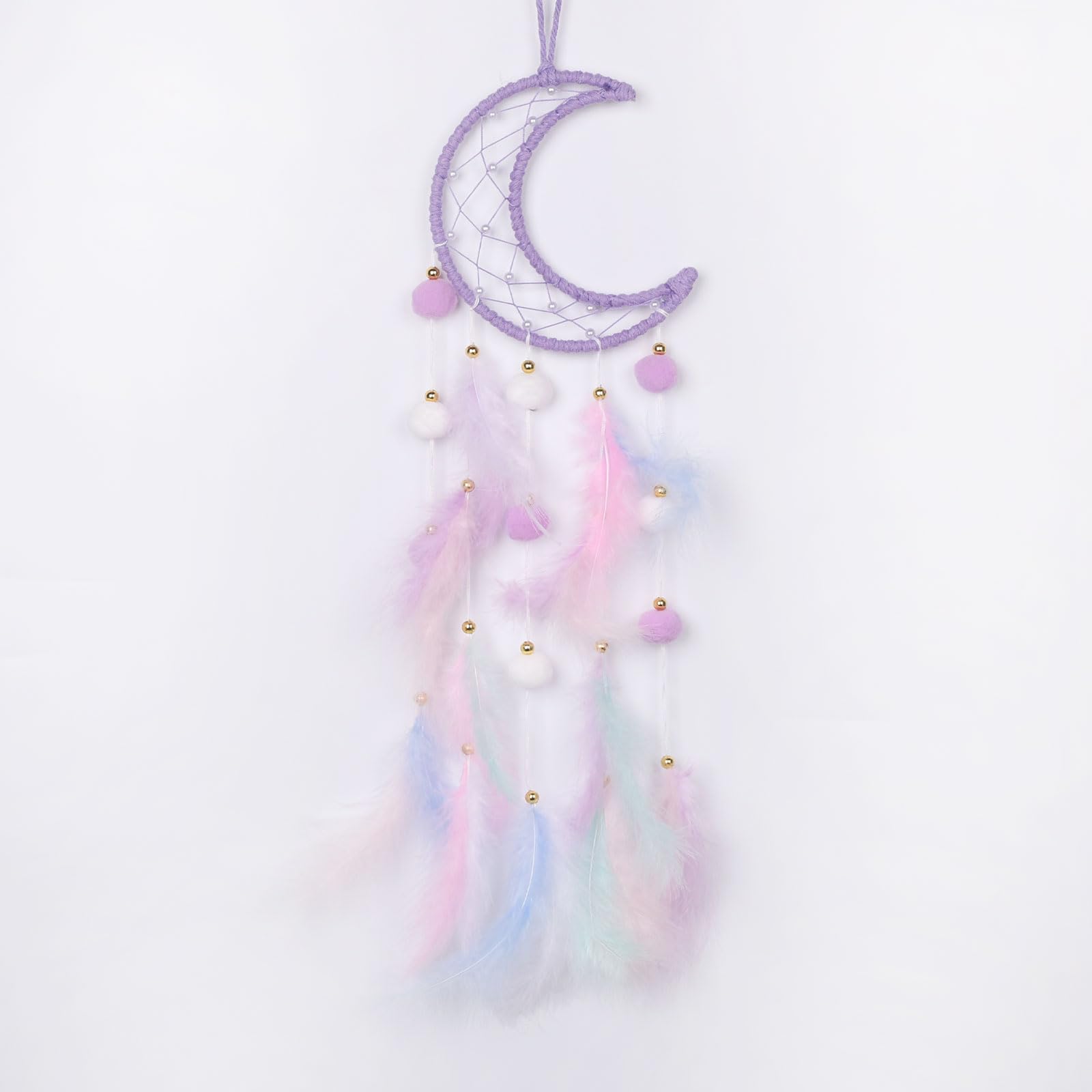 Pretty Jolly Purple Moon Kids Dream Catcher Wall Decor Pompom Feather Baby Dreamcatcher Handmade Children Dream Catcher Home Décor Wall Hanging for Nursery Bedroom Boys Girls Birthday Gift-25.6in