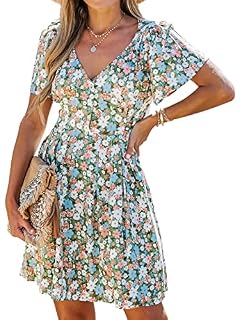 CUPSHE Damen Kleid Sommerkleid V Ausschnitt Kurzarm Blümchenmuster Knöpfen Freizeitkleider Beach